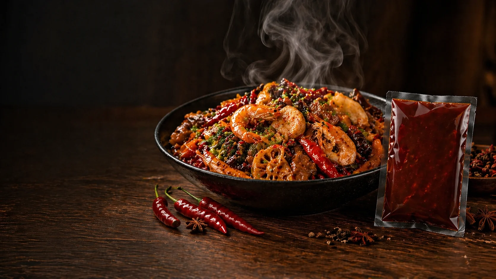 Spicy cooked dish with a sauce pouch